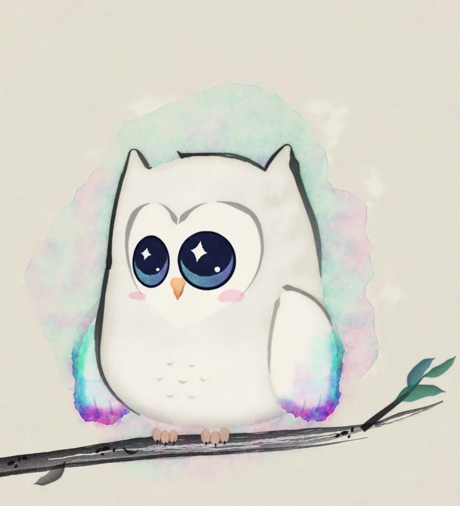 Tsukuyomi, called Tsuku-chan, the Aurora Owl mascot: a small white owl in ink and watercolour, with aurora-coloured wing tips, sitting on an ink branch.