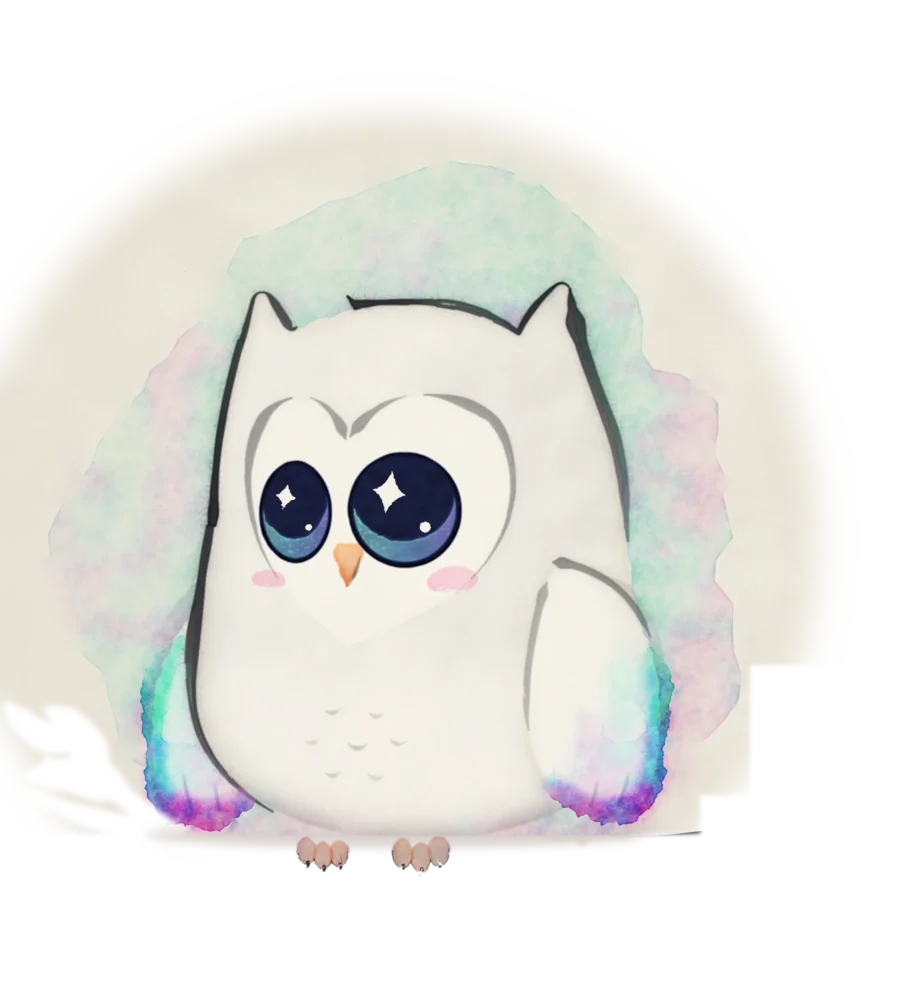 Tsukuyomi, the Aurora Owl owl, a white owl in ink and watercolour, sitting on a branch in front of the moon.